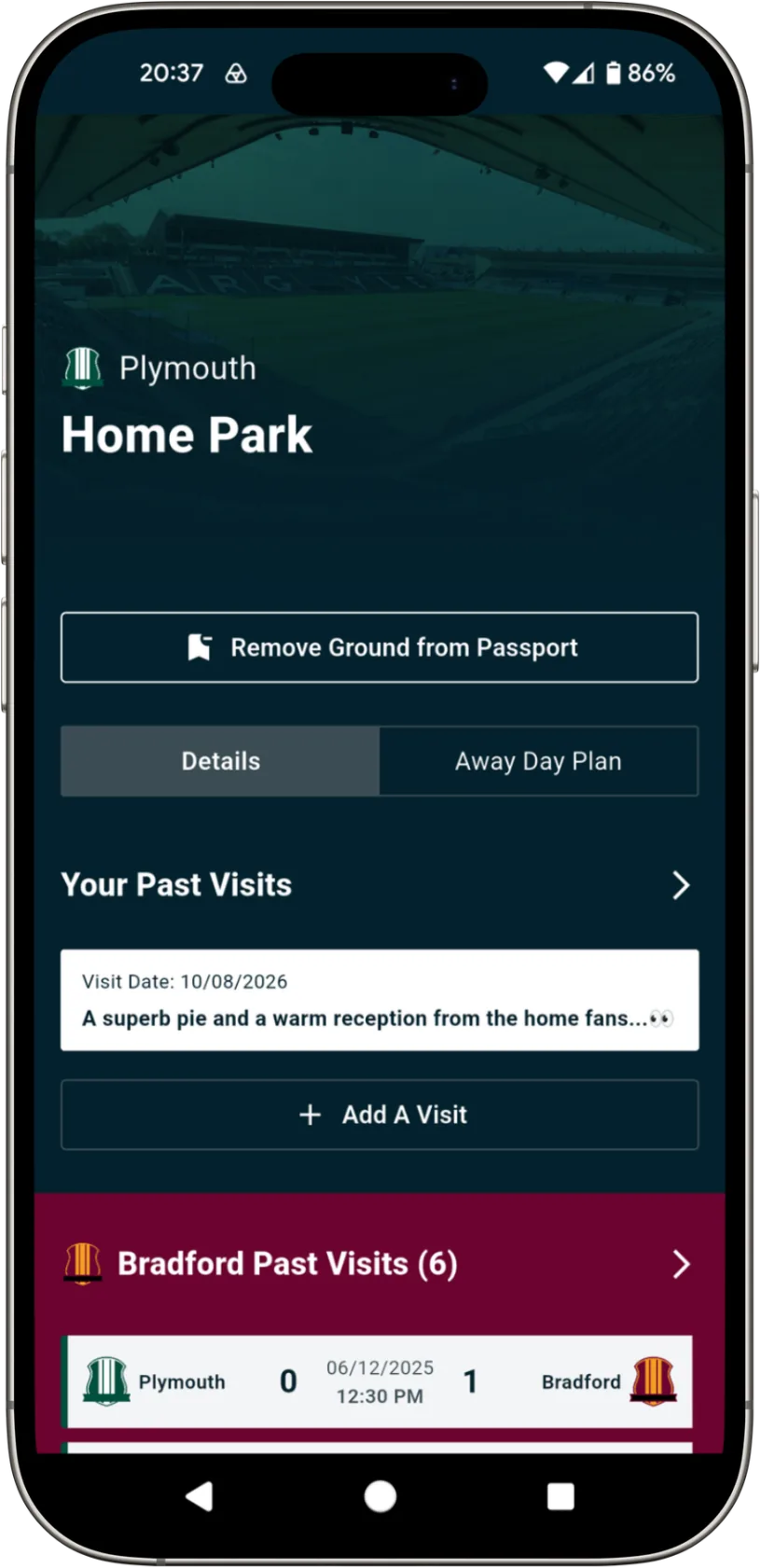 The Home Park ground guide with past visits and an option to add a new one