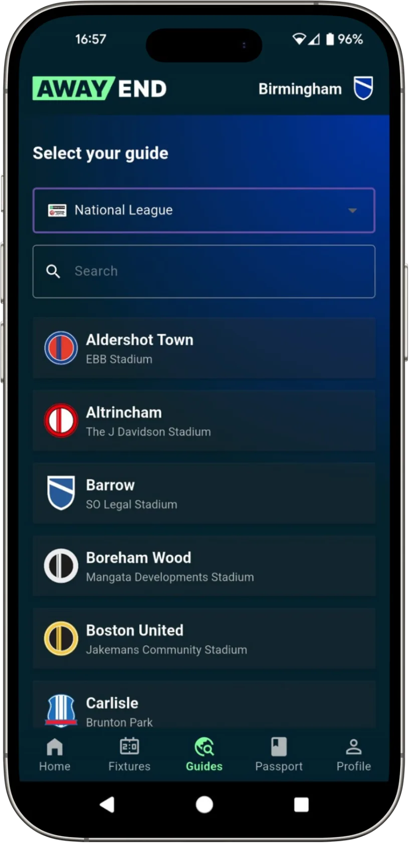 A searchable list of National League clubs and their stadiums
