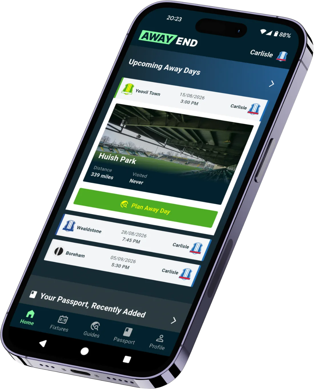 The Away End app showing a fan's upcoming away days, with Carlisle away at Yeovil Town and a Plan Away Day button