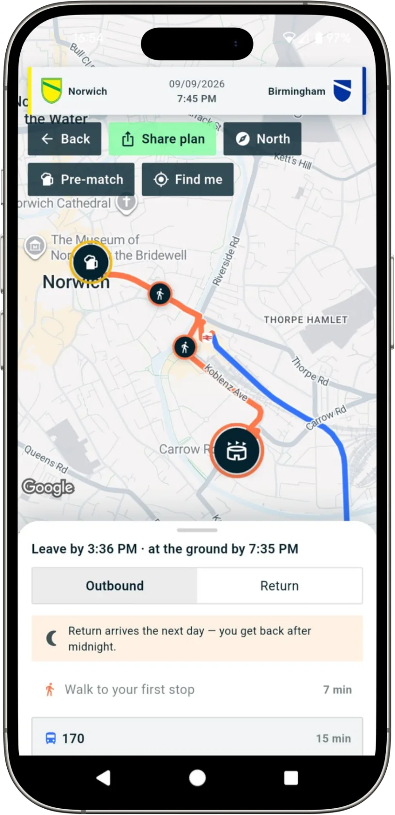 A mapped route to Carrow Road with a pre-match pub stop, showing leave-by and arrival times