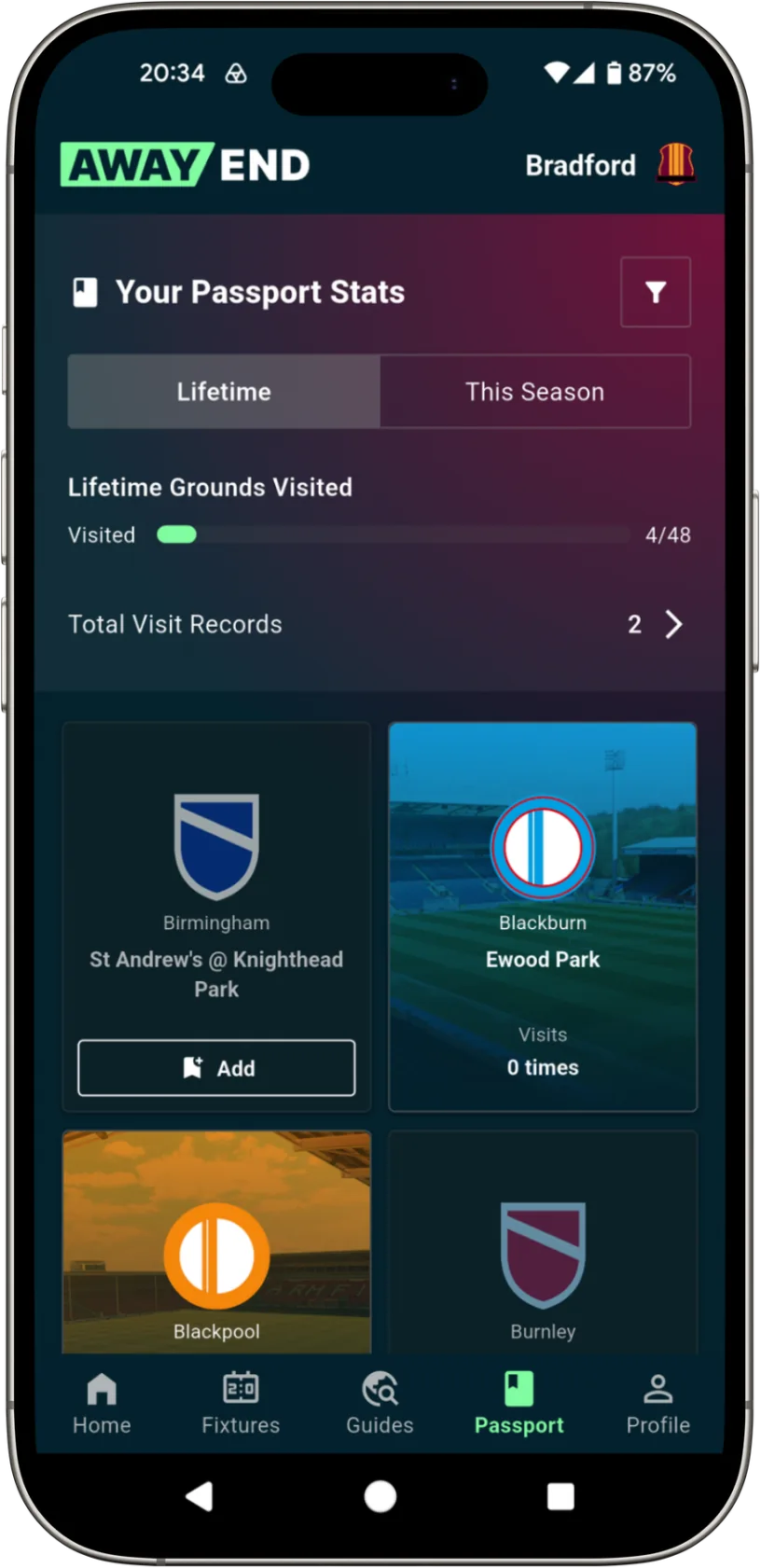 Passport stats showing lifetime grounds visited and cards for each stadium